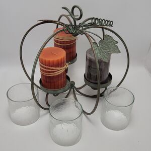 Halloween Large Metal Pumpkin 3 Candle Holders Candles Included